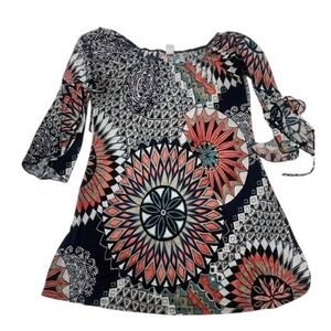 2B Together Boho Mandala Print Tunic Top 3/4 Bell SleeveOff Shoulder Black Multi